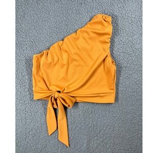 WEEPINLEE One Shoulder Crop Top Tie Front Ruched Orange Large Polyester Spandex
